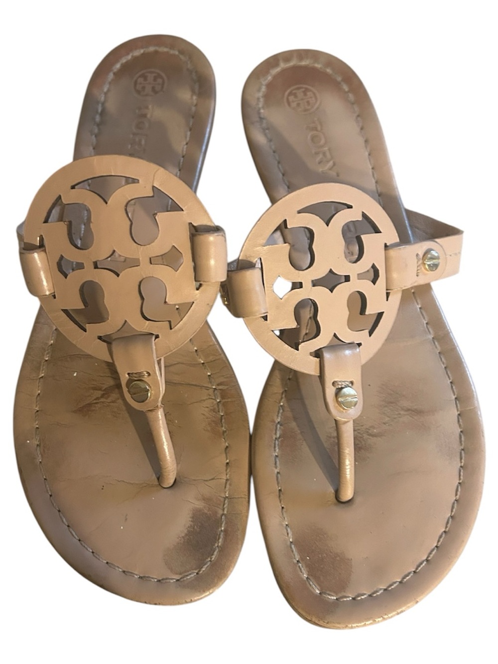 Tory Burch Logo Thong Sandals in Nude Tan - Picture 2 of 4